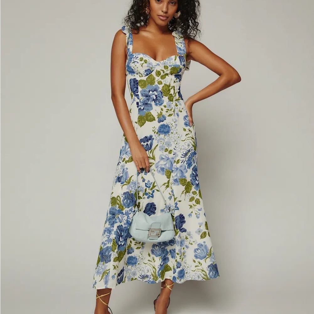 Reformation Nadira in Lucca- Blue and Yellow Sweetheart Midi Sundress